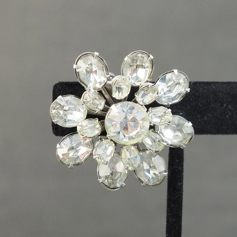 Coro Brooch Pin Flower Silver Tone Clear Rhinestone Prong Set Vintage Estate